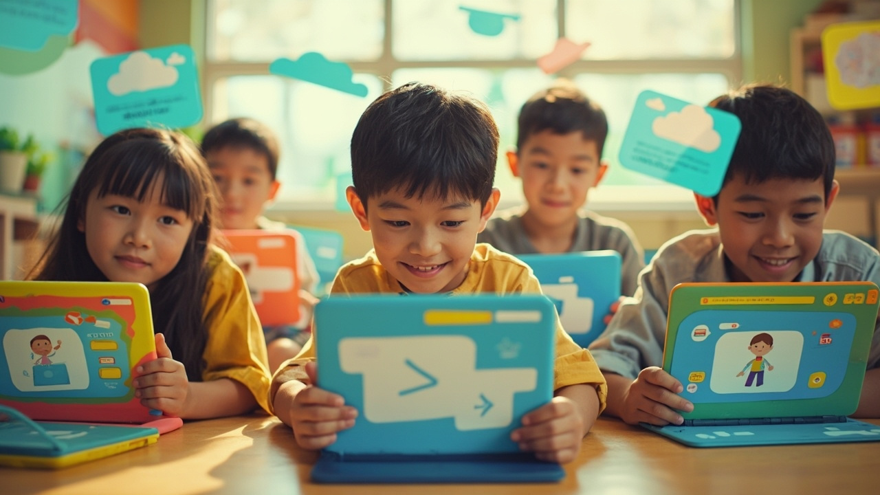 Children using English learning apps
