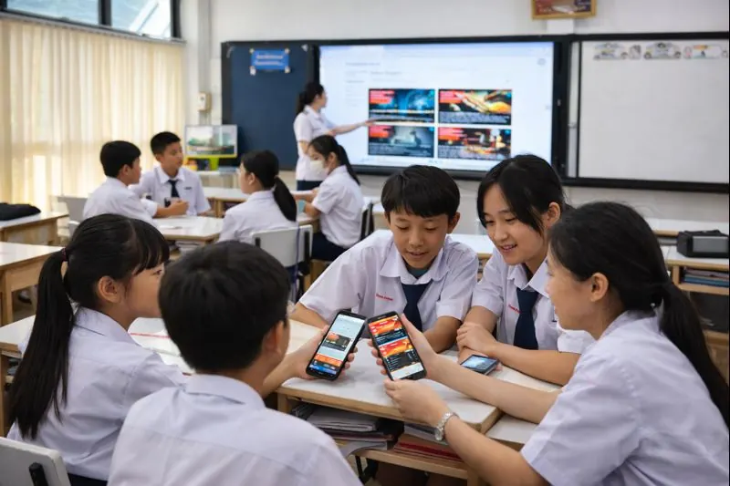 A tutor and a small group of students work together on a printed workbook.