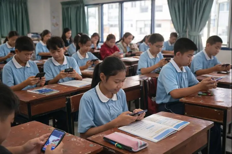 Students in a classroom using a workbook and a tablet